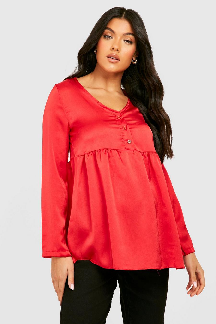 Red Maternity Satin Button Smock Top