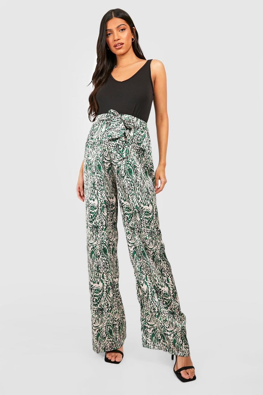 Green Maternity Paisley Belted Wide Leg Pants