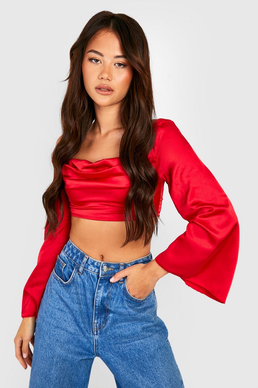 Red Cowl Front Square Neck Satin Crop Top image number 1