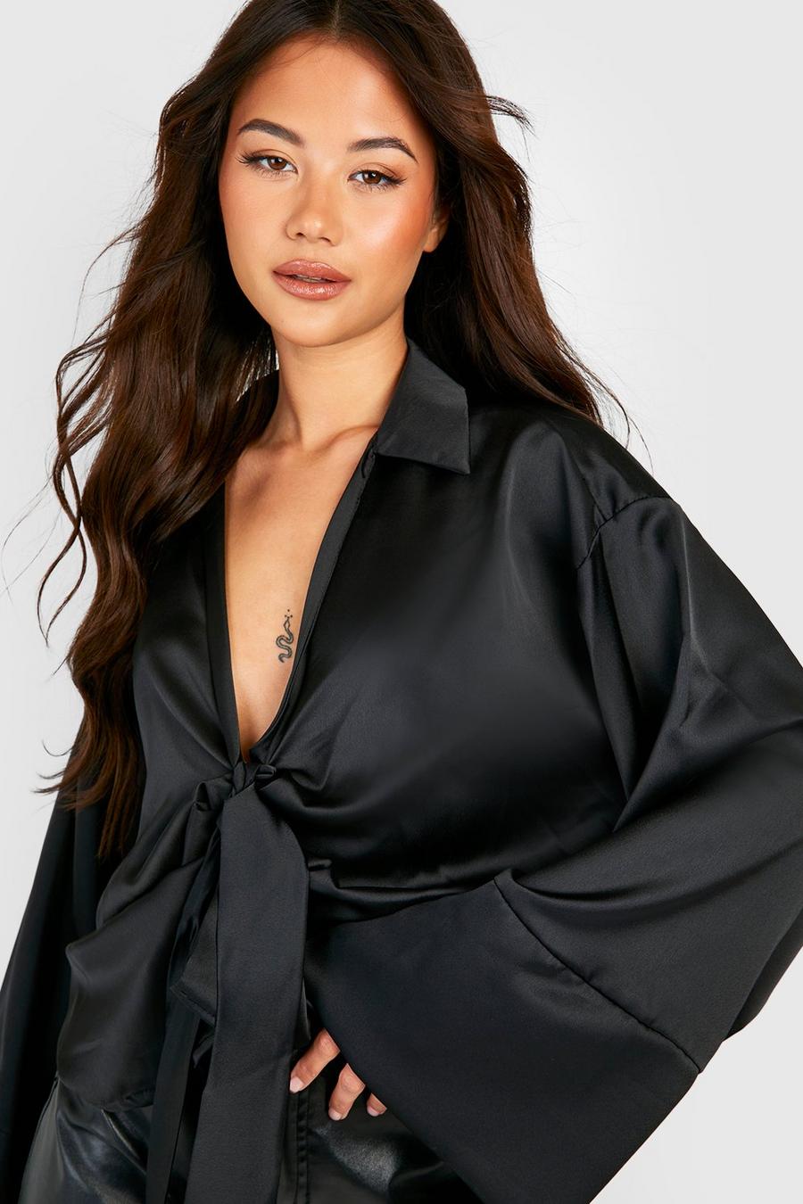 Black Slouchy Satin Tie Front Wide Sleeve Shirt image number 1