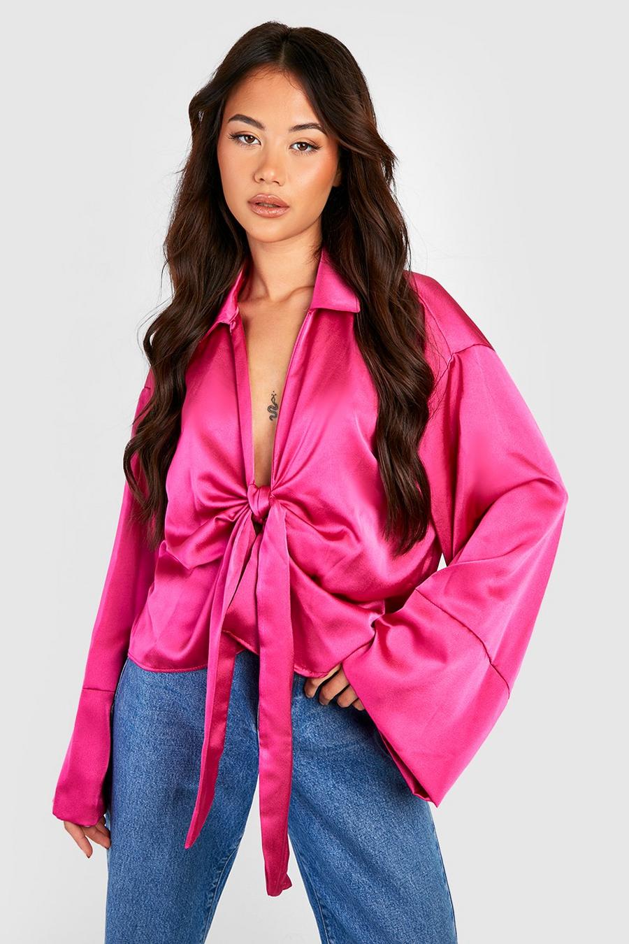 Hot pink Slouchy Satin Tie Front Wide Sleeve Shirt image number 1