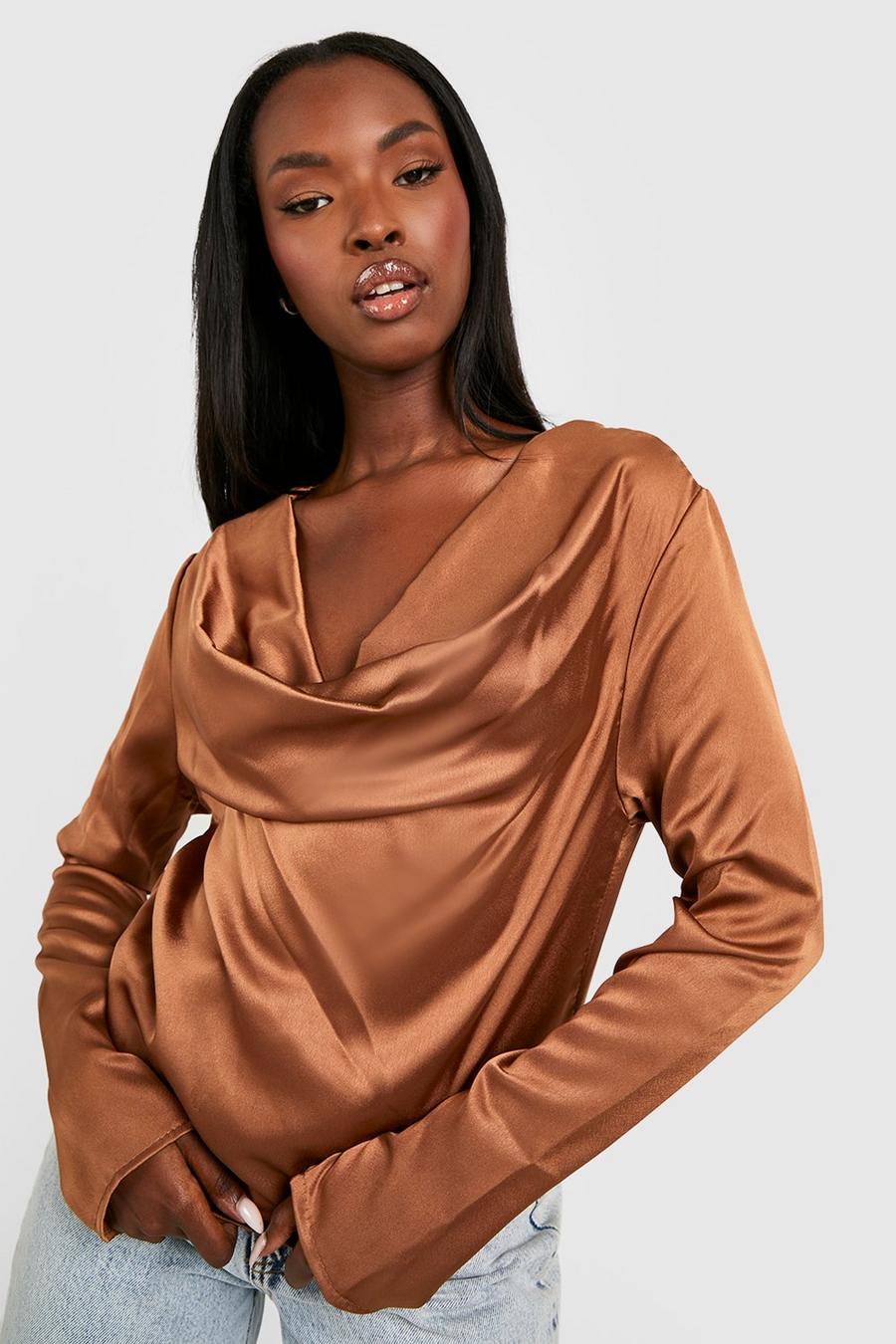 Chocolate Cowl Long Sleeve Satin Top image number 1