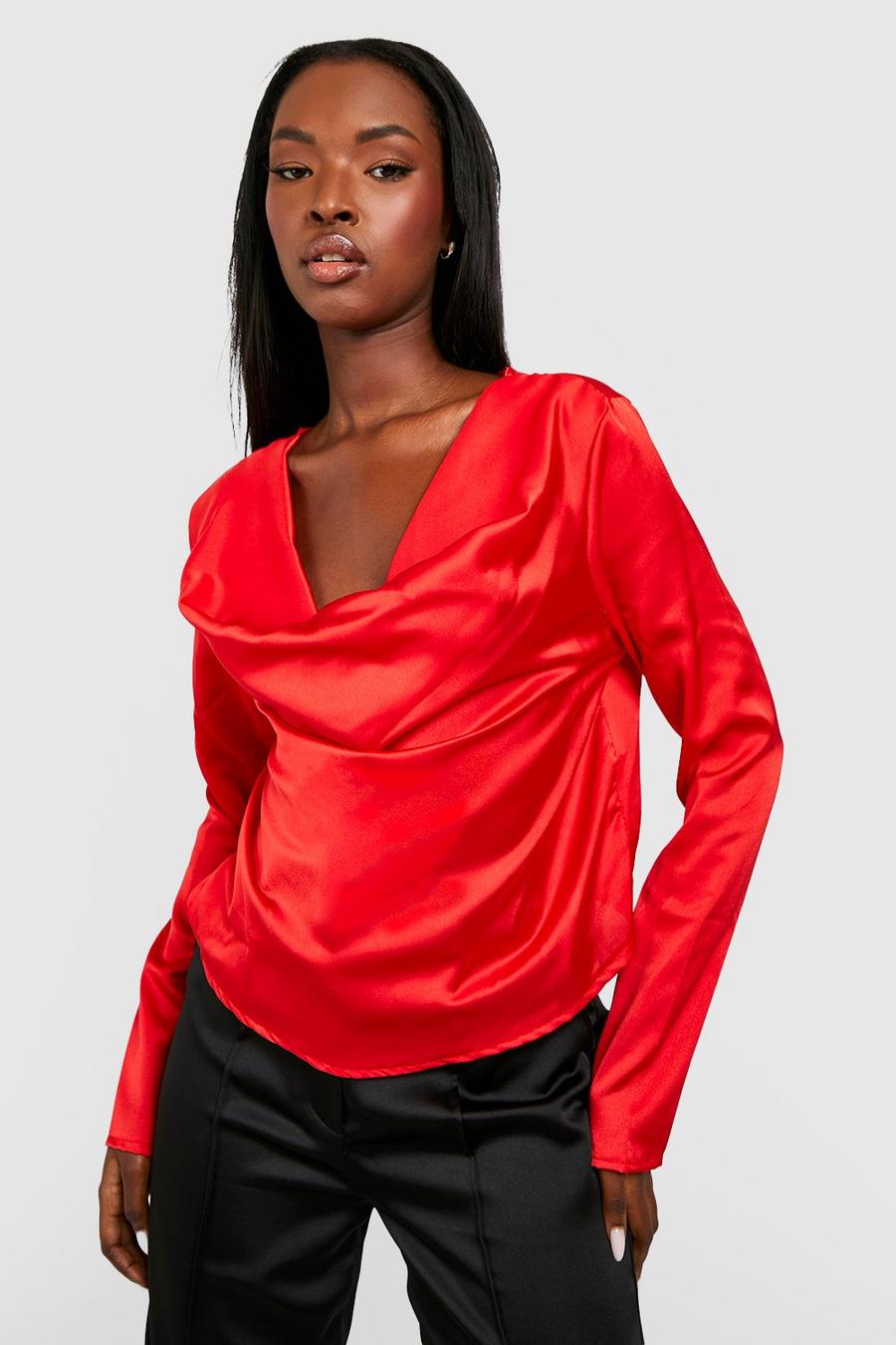 Red Cowl Long Sleeve Satin Top