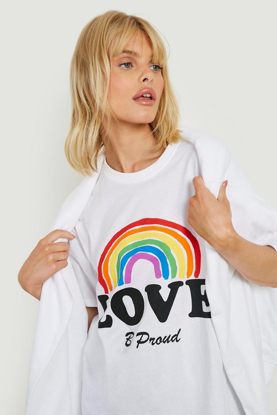 White Pride Rainbow Slogan Printed Oversized T-shirt