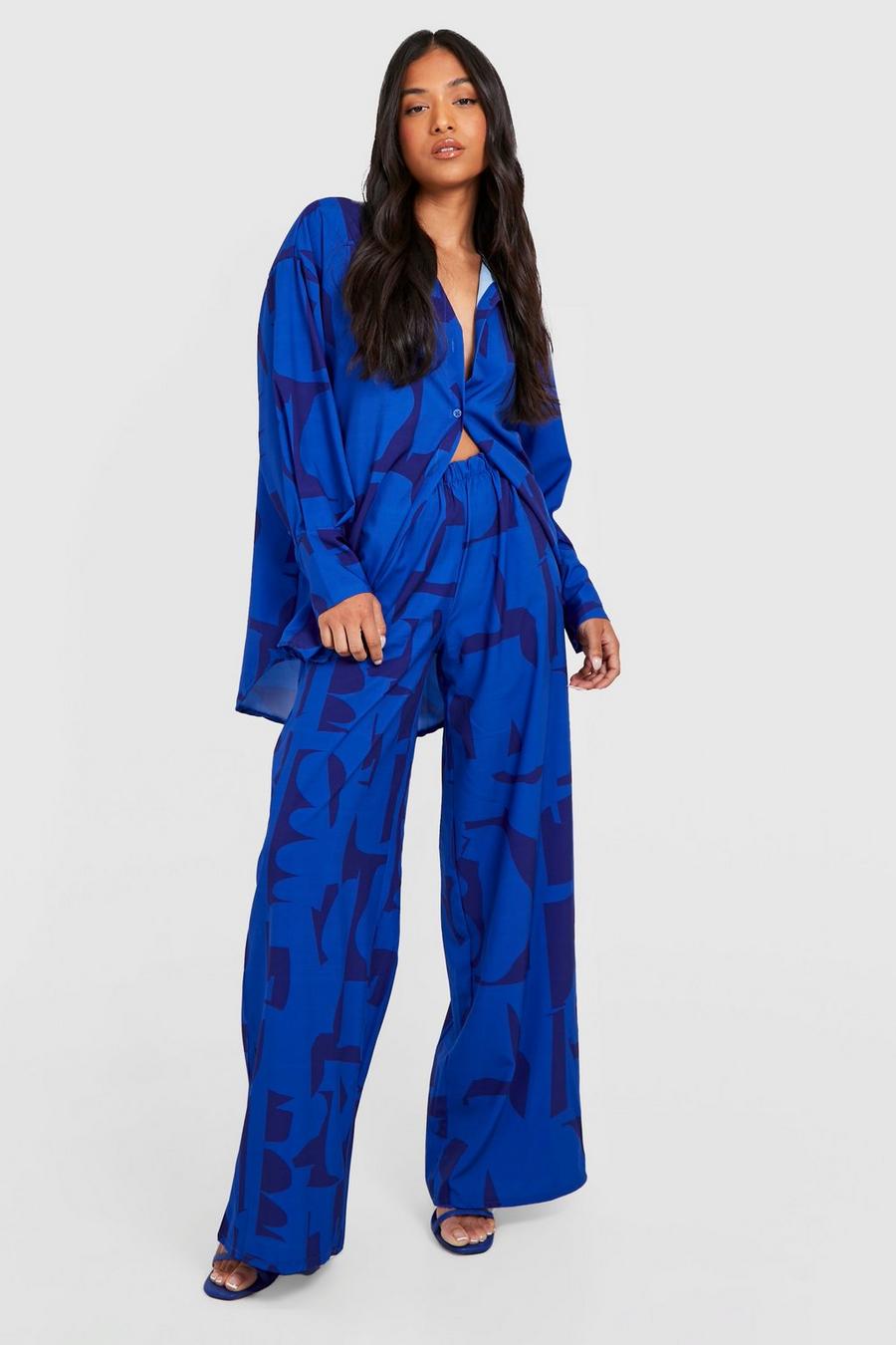 Blue Petite Abstract Print Wide Leg Pants image number 1