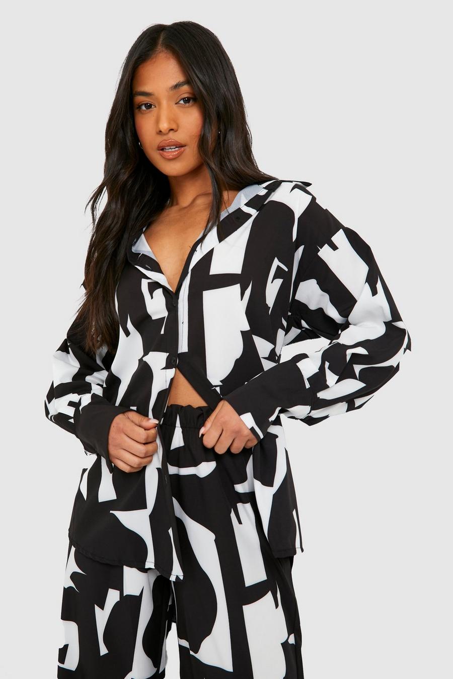 Black Petite Abstract Print Oversized Shirt image number 1