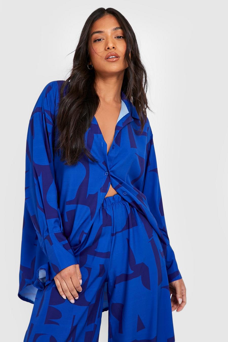 Blue Petite Abstract Print Oversized Shirt image number 1