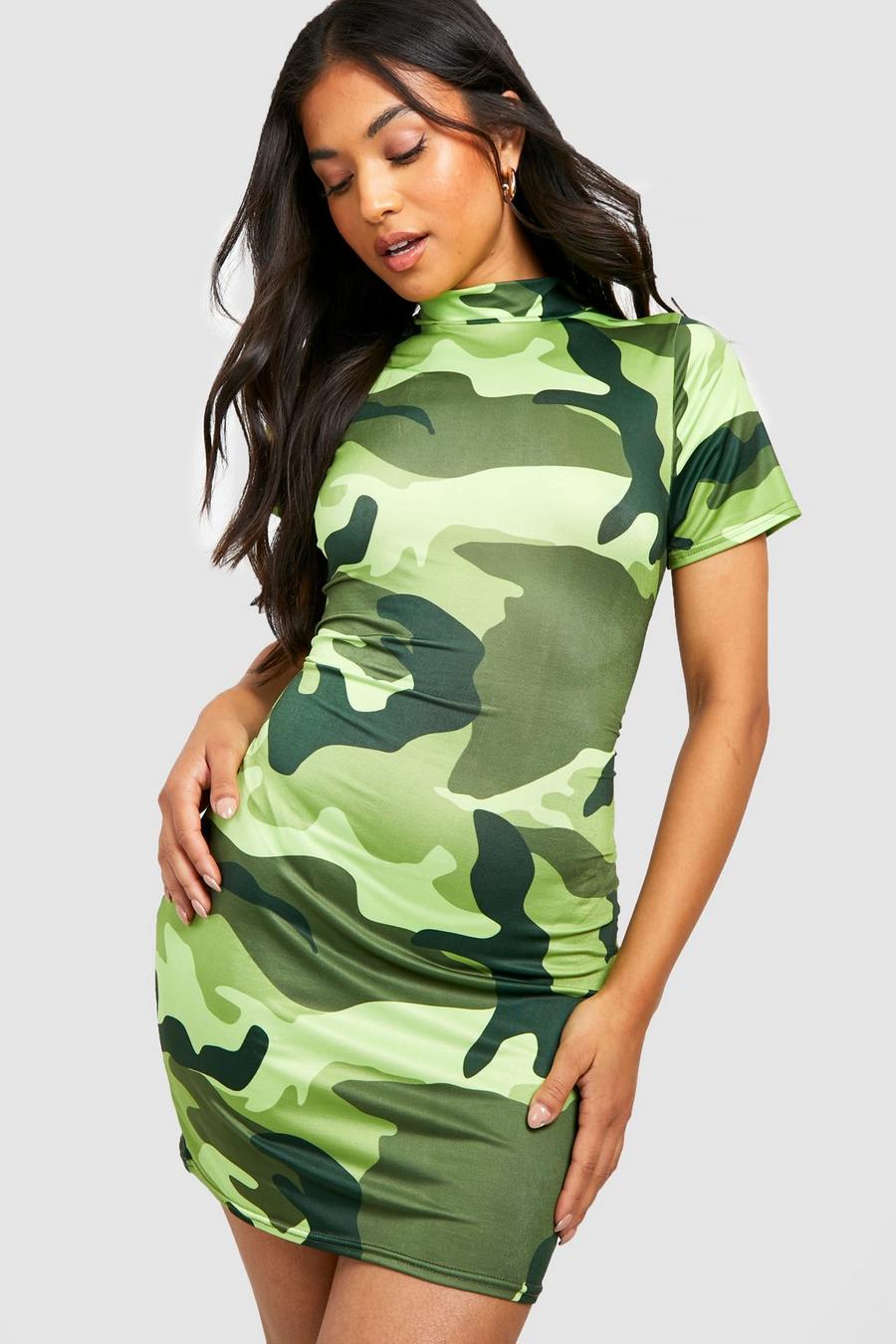 Petite - Robe moulante soyeuse à imprimé camouflage, Green image number 1