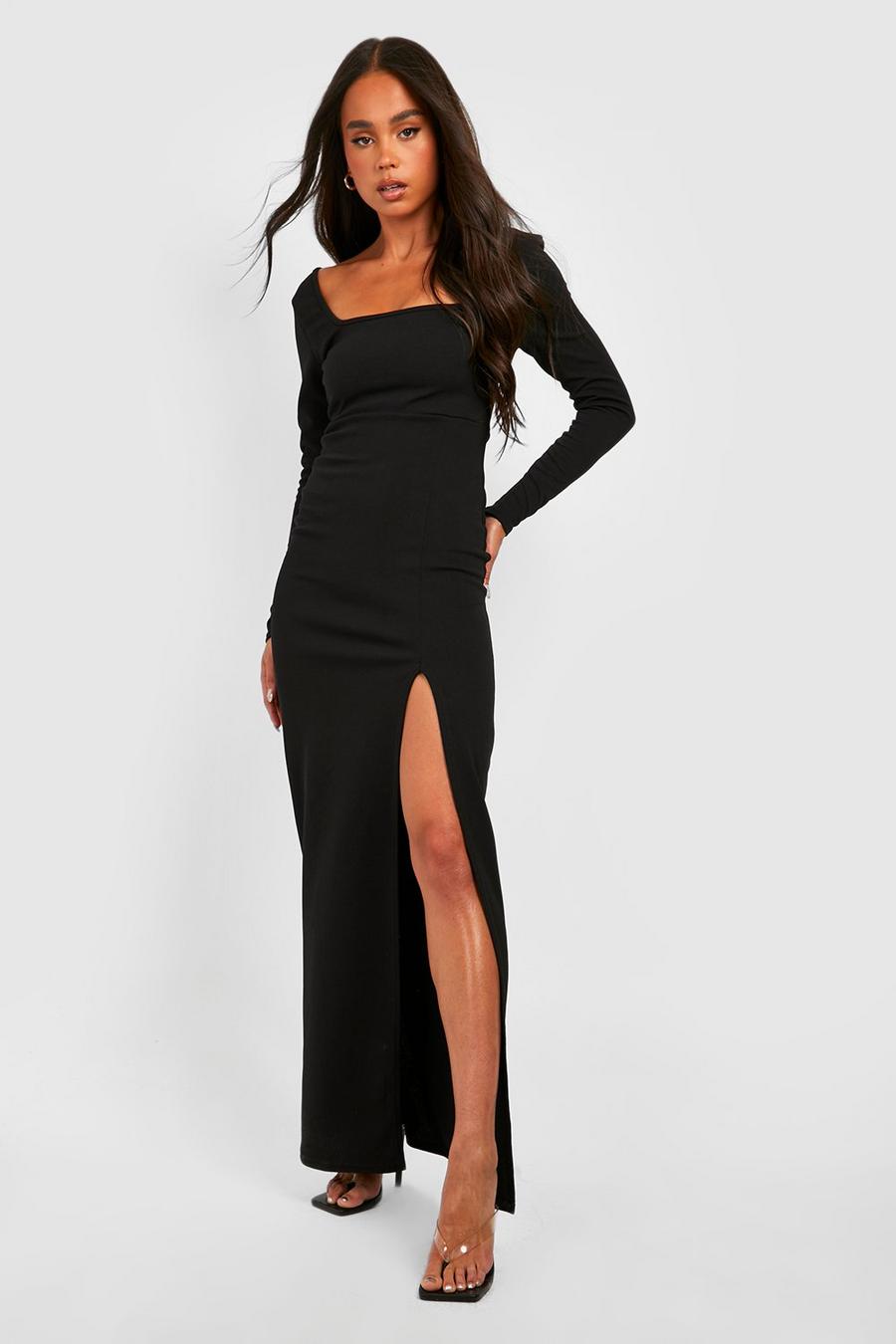 Black Petite Long Sleeve Side Split Square Neck Maxi Dress image number 1