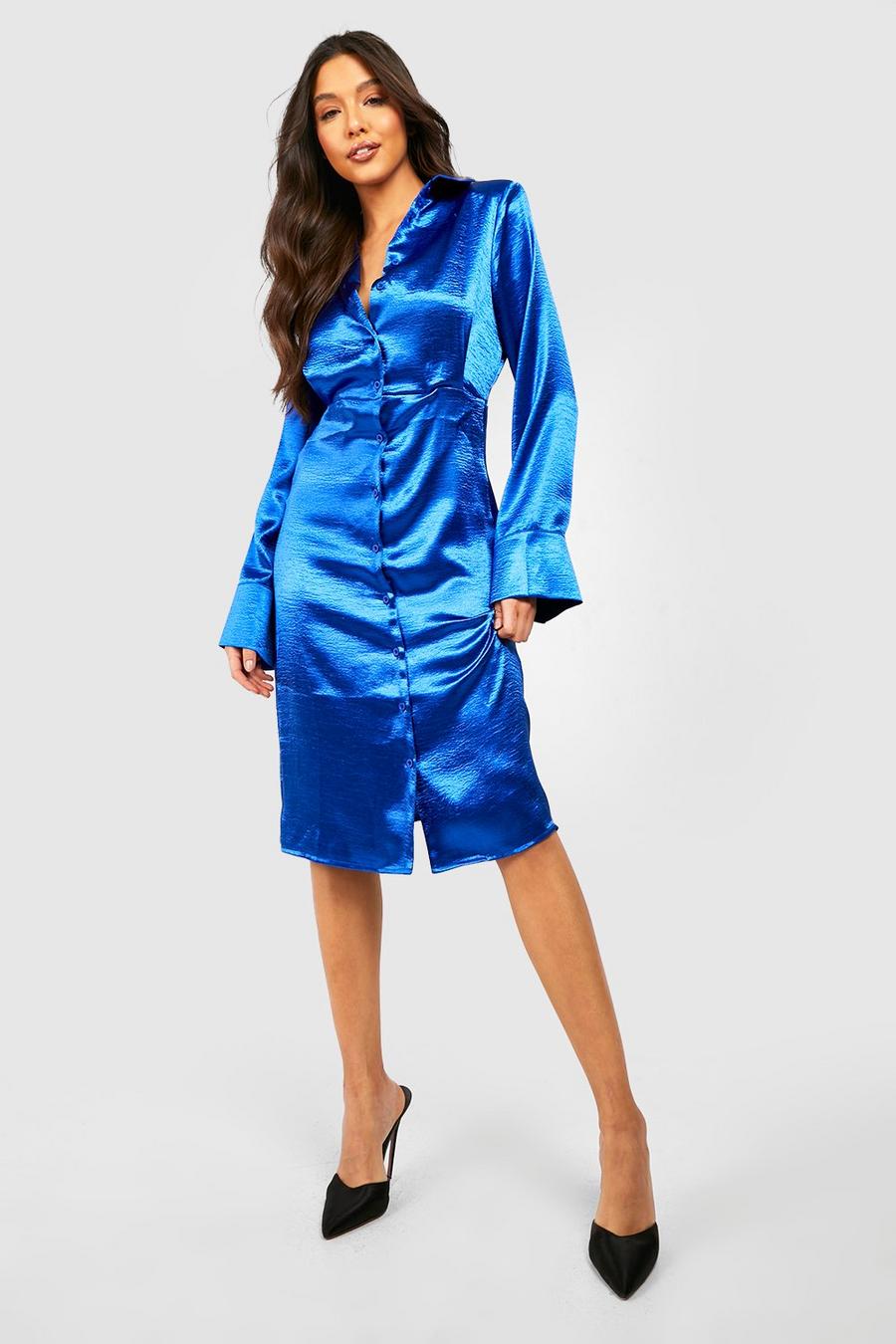 Blue Satin Wide Sleeve Midi Shirt Dress image number 1