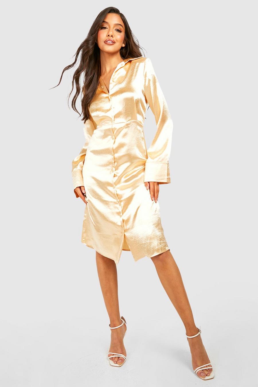 Champagne beis Satin Wide Sleeve Midi Shirt Dress image number 1