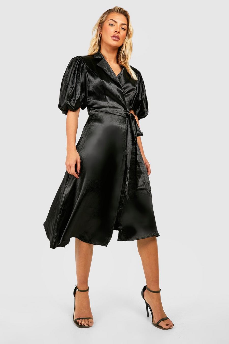 Black Satin Puff Sleeve Wrap Midi Dress image number 1