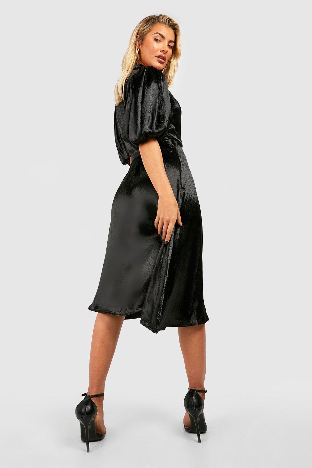 Satin Puff Sleeve Wrap Midi Dress boohoo USA