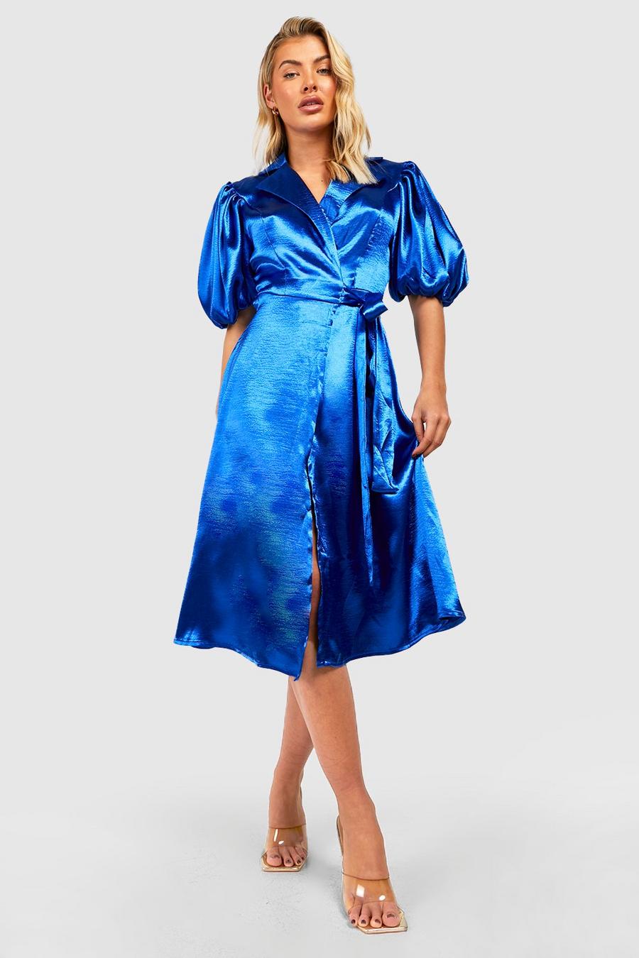 Cobalt Satin Puff Sleeve Wrap Midi Dress image number 1