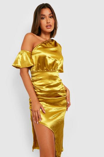 Satin Slash Neck Midi Dress chartreuse