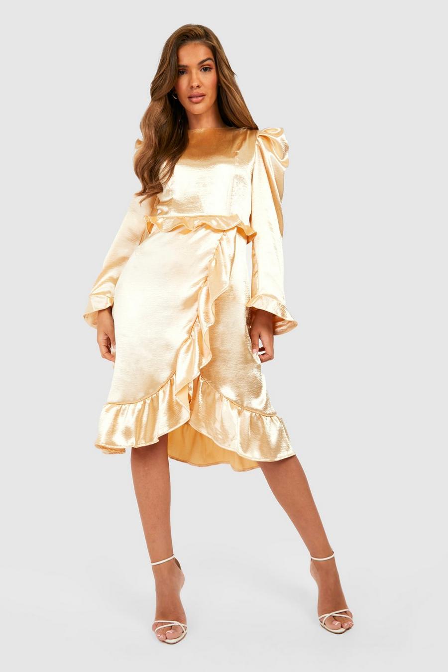 Champagne beige Satin Midi Ruffle Dress