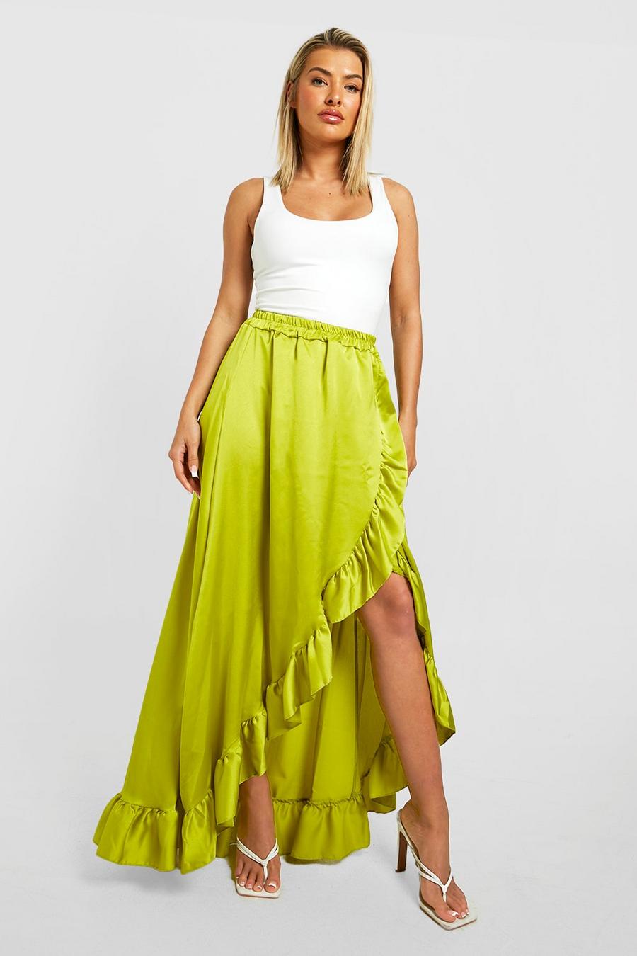 Chartreuse Satin Wrap Frill Hem Maxi Skirt image number 1