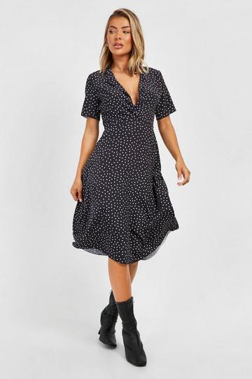 Polka Dot Shirt Style Midi Dress black