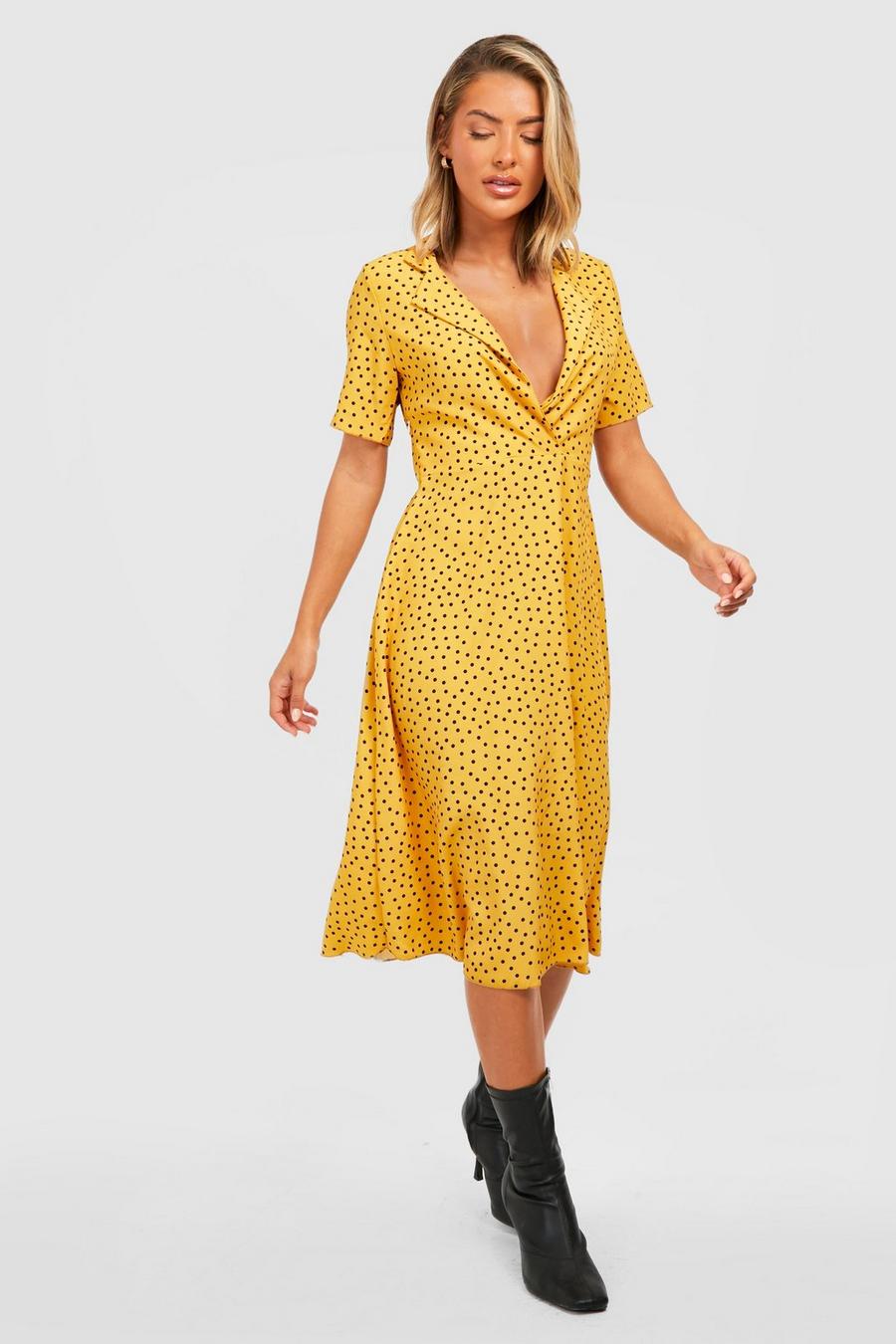 Mustard Polka Dot Shirt Style Midi Dress image number 1
