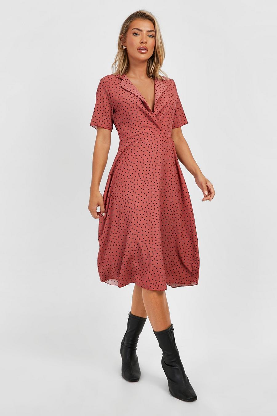 Rust Polka Dot Shirt Style Midi Dress image number 1