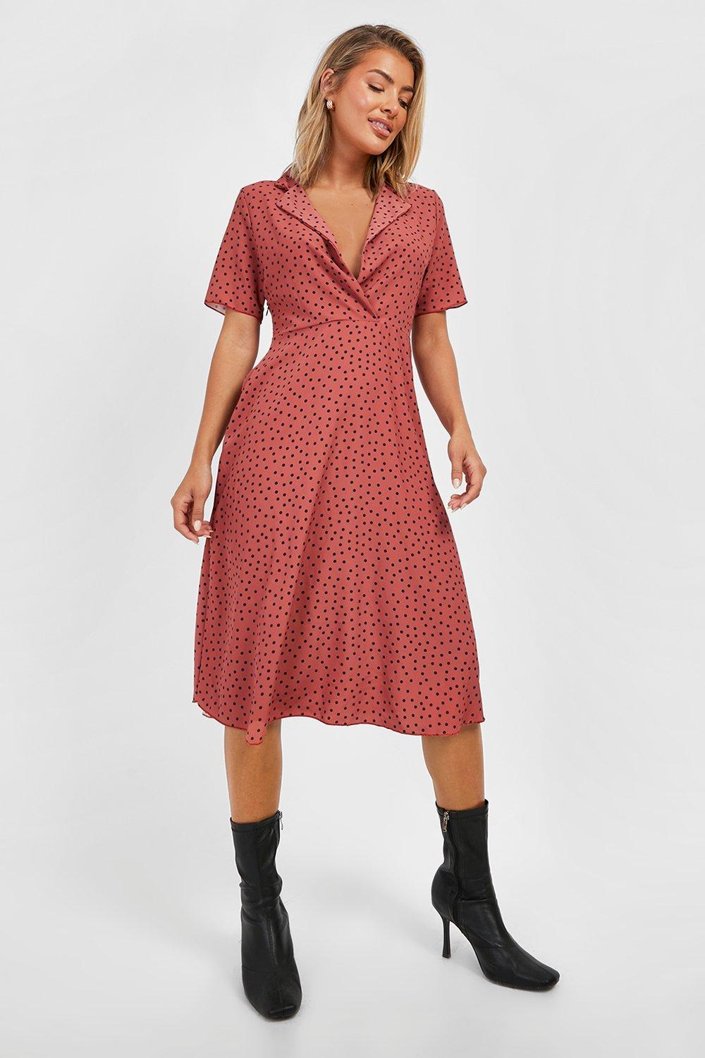 Rust polka clearance dot midi dress