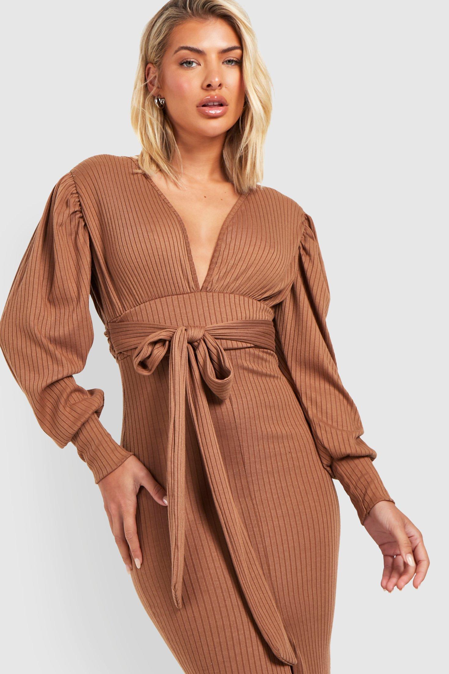 Rib Plunge Tie Waist Midi Dress boohoo UK