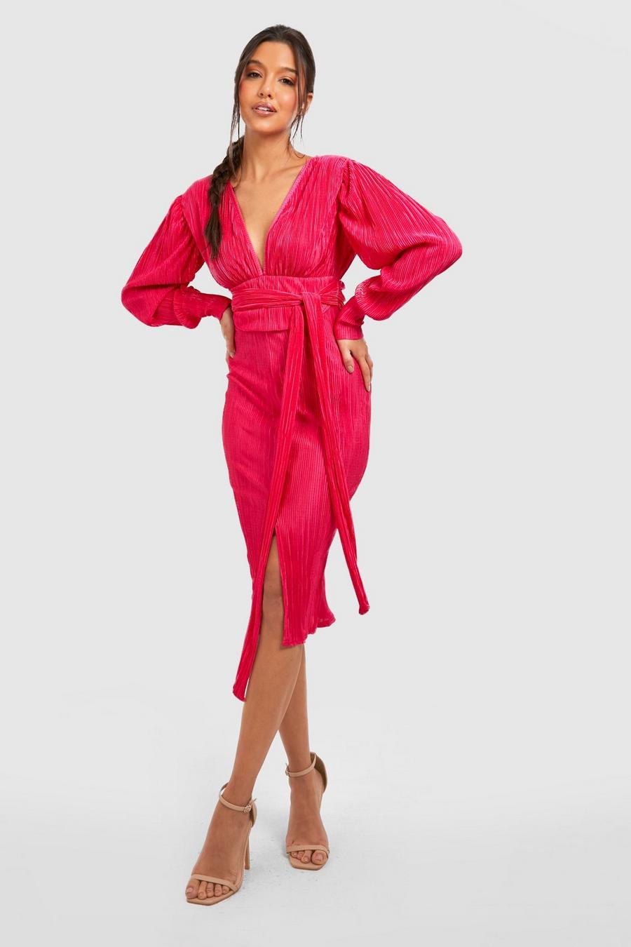 Pink Plisse Plunge Tie Waist Midi Dress image number 1