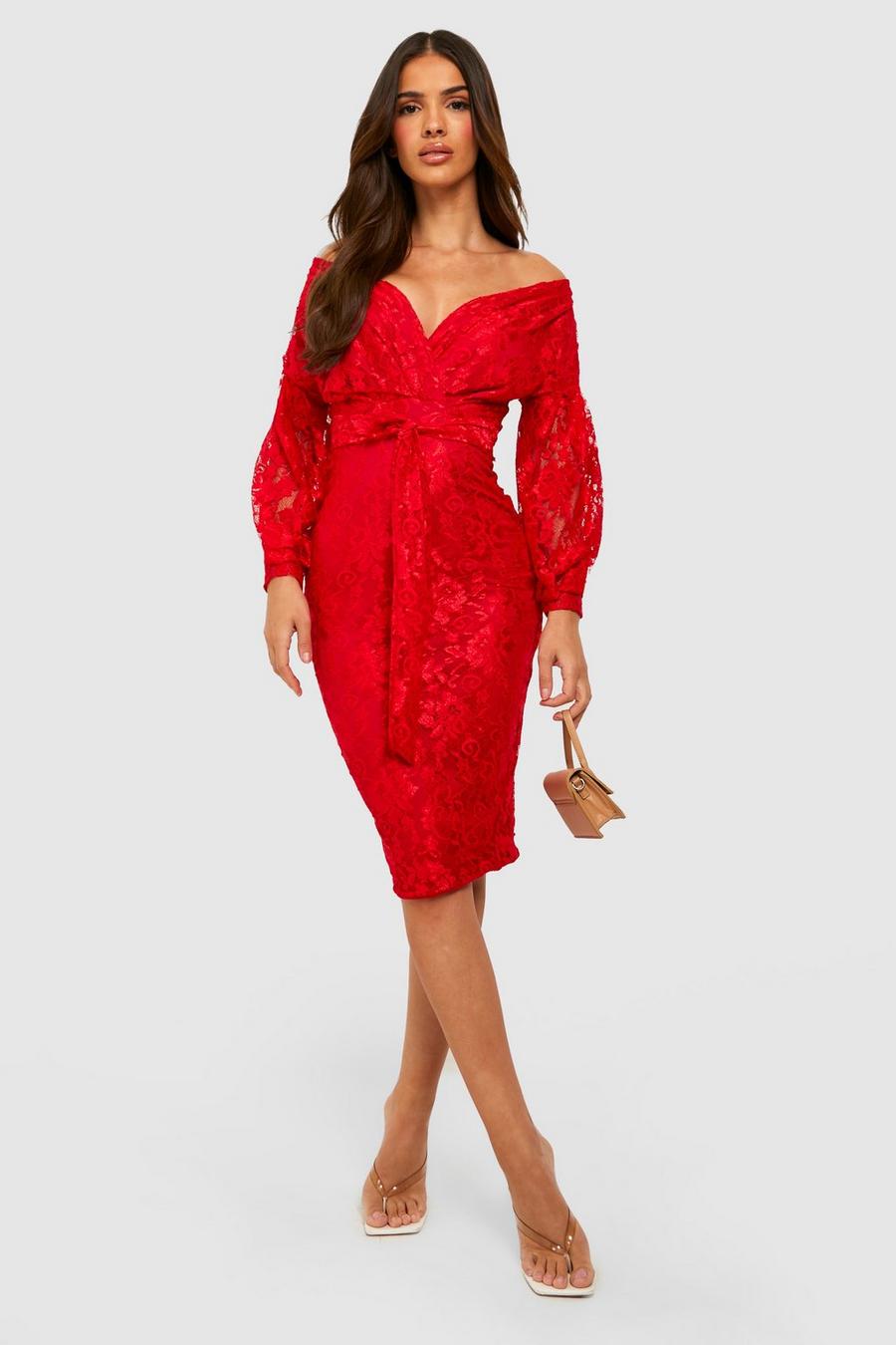 Red Lace Off The Shoulder Midi Dress image number 1