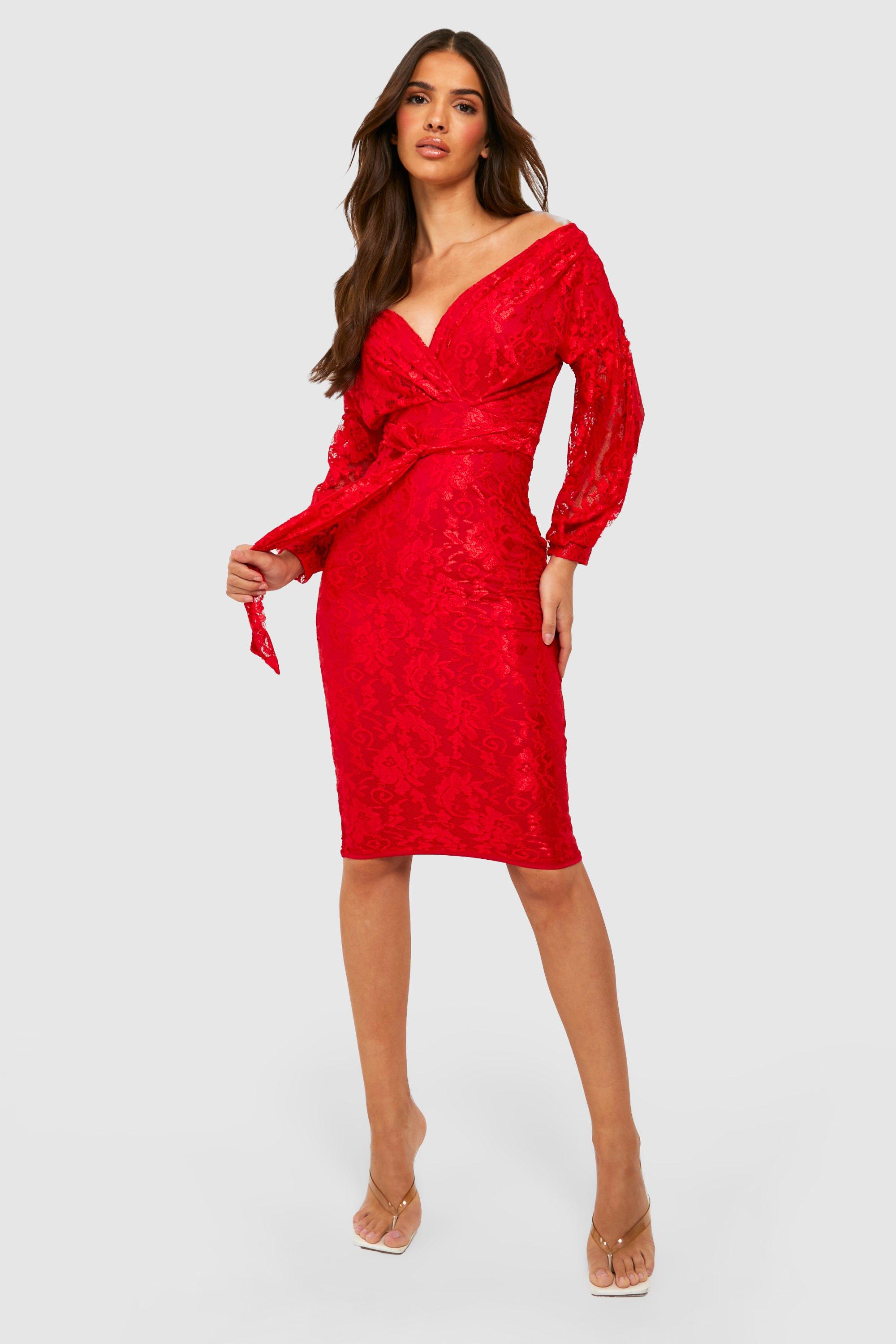 Boohoo red off shoulder hot sale dress