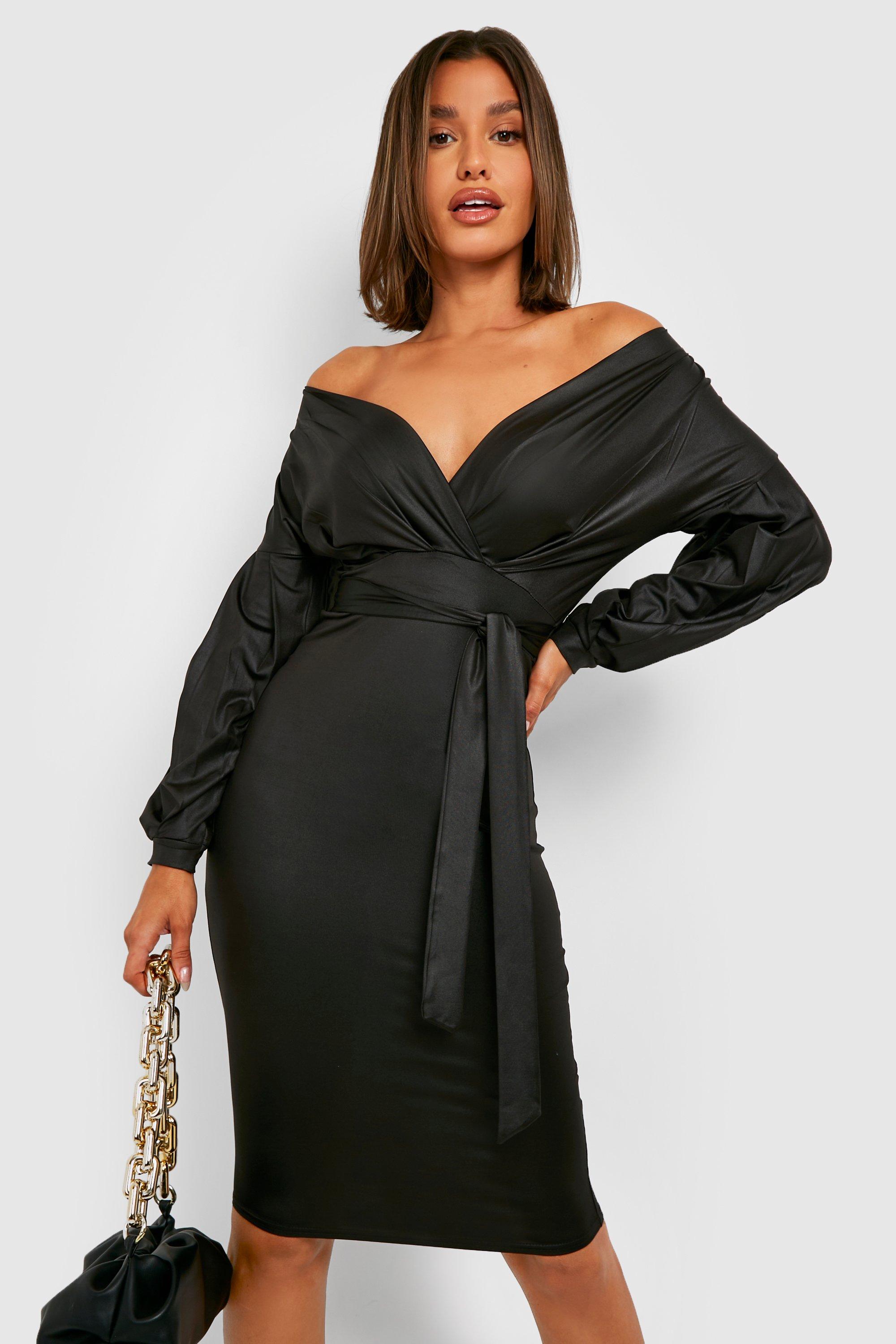 Black leather off store the shoulder dress