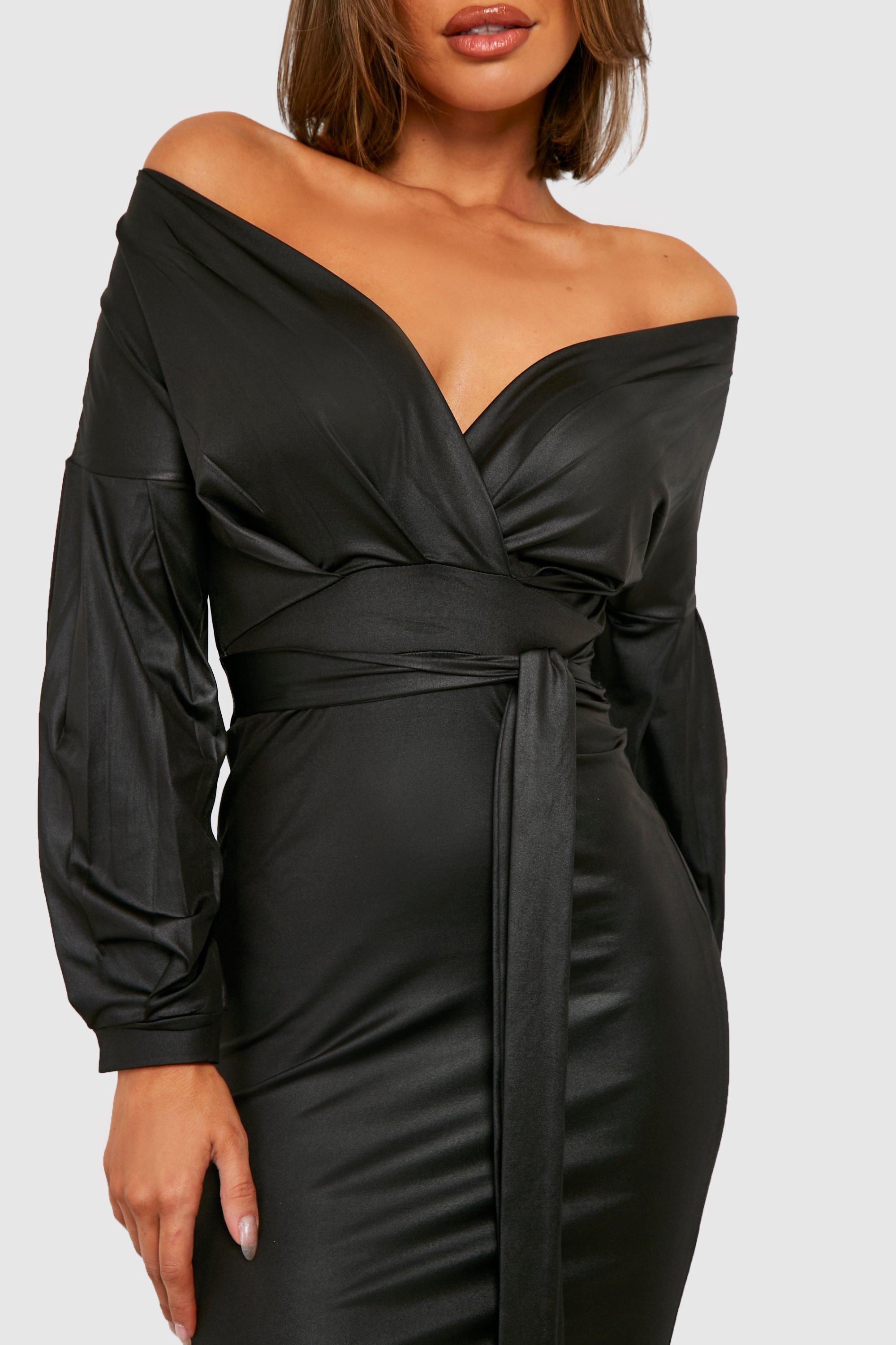 Black leather off shop the shoulder dress