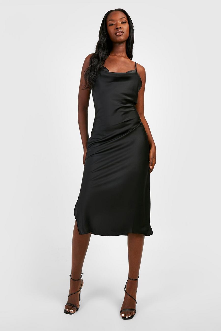 Black Strappy Cowl Neck Midi Slip Dress image number 1