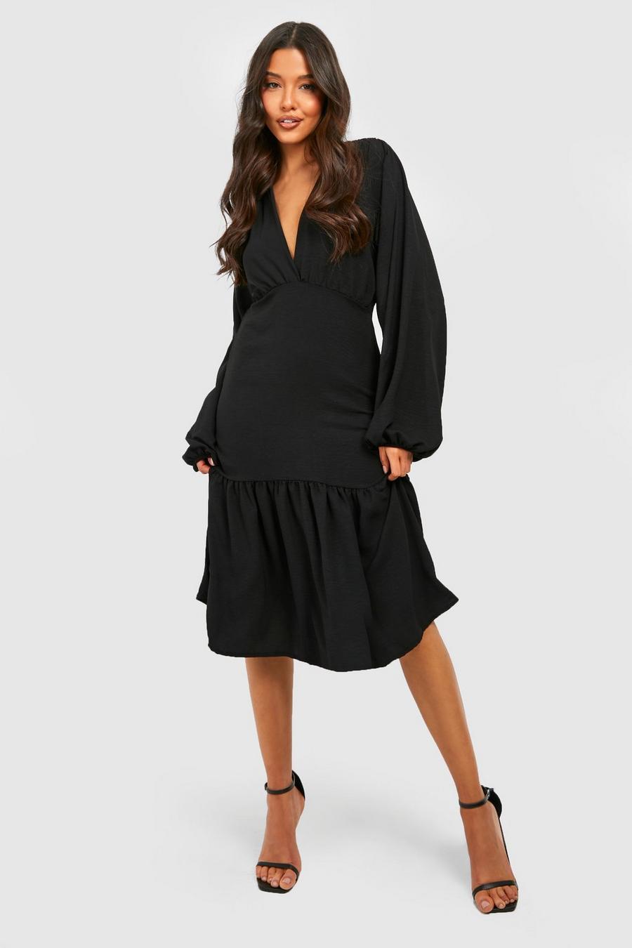 Black Long Sleeve Dropped Hem Midi Dress image number 1