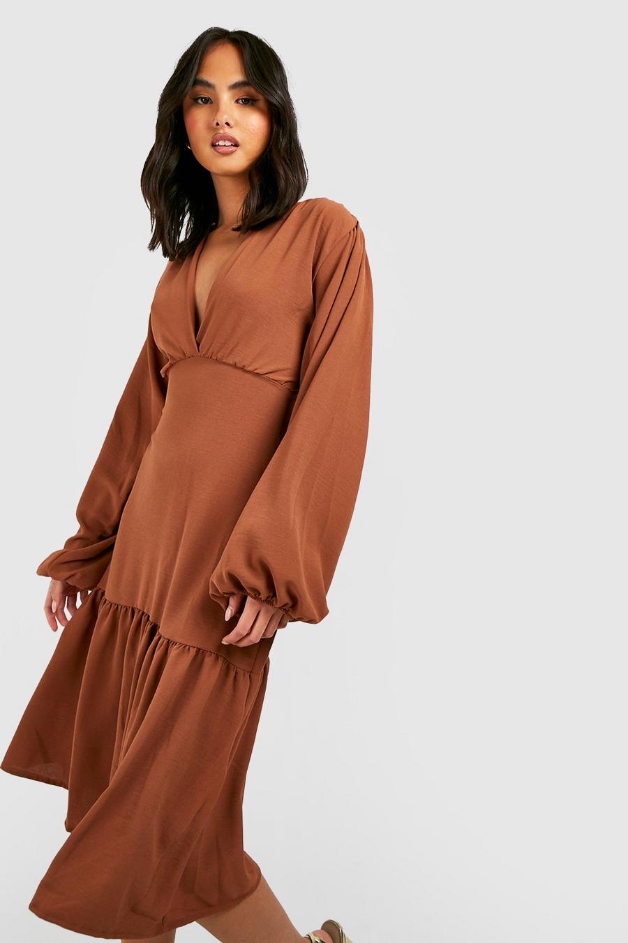 Brown Long Sleeve Dropped Hem Midi Dress image number 1
