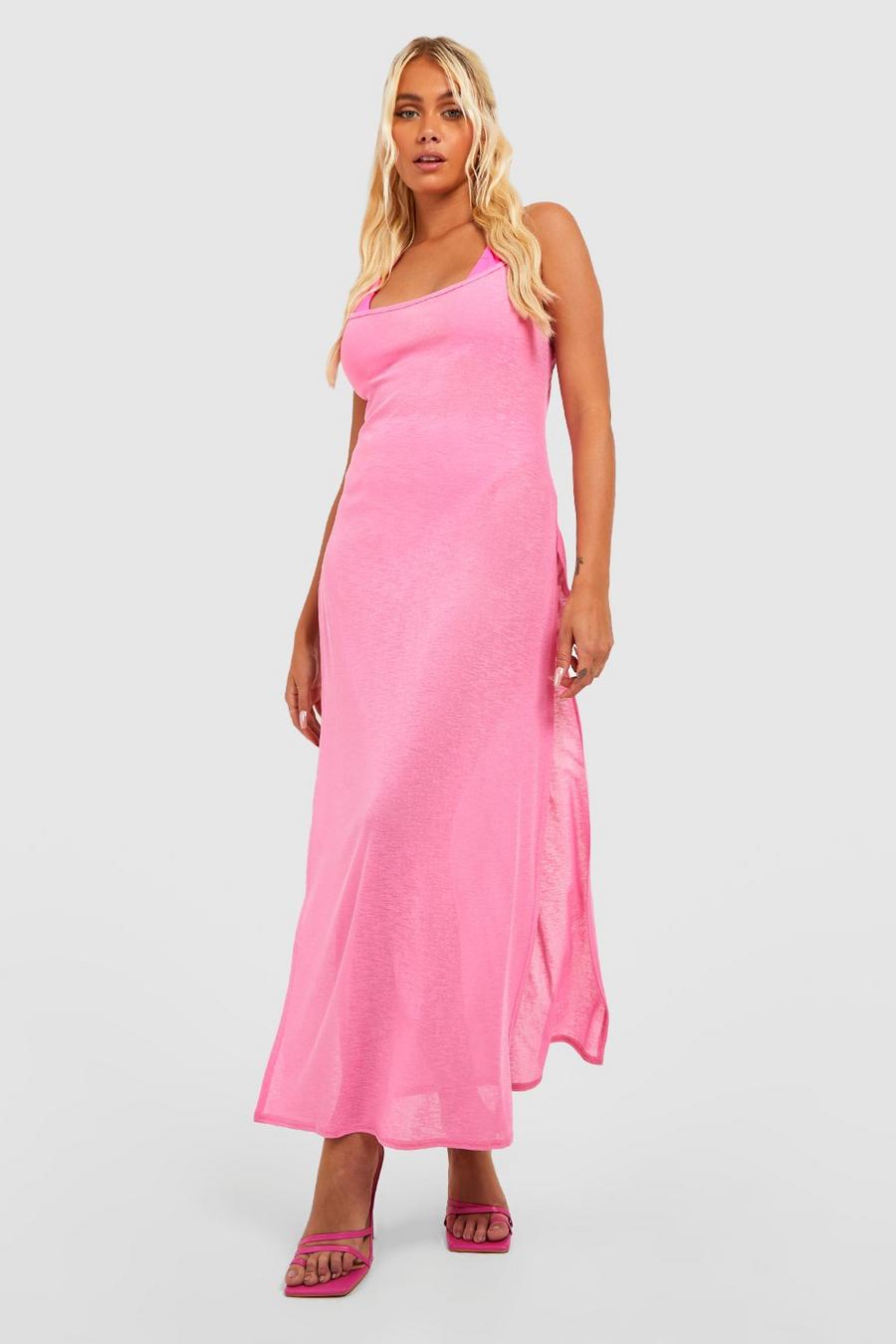 Hot pink rose Burnout Jersey Strappy Split Beach Dress