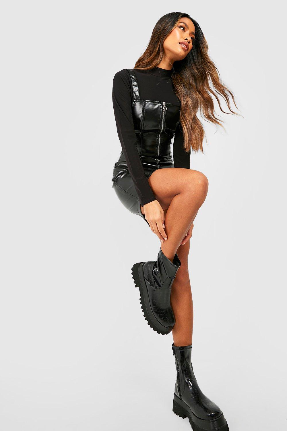 Black leather clearance look pinafore dress