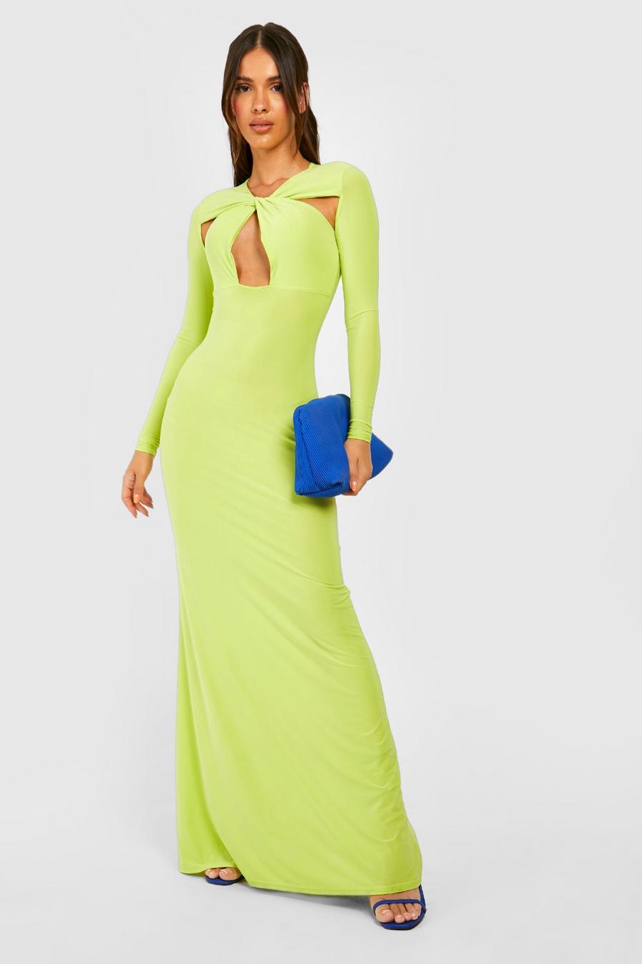 Chartreuse yellow Cut Out Detail Slinky Maxi Dress