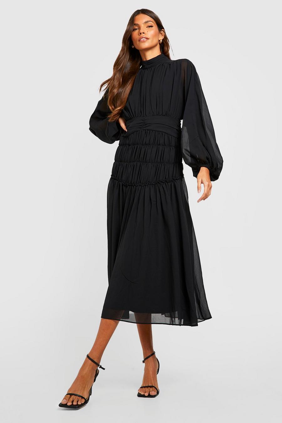 Black Flare Sleeve High Neck Ruffle Midi Dress image number 1