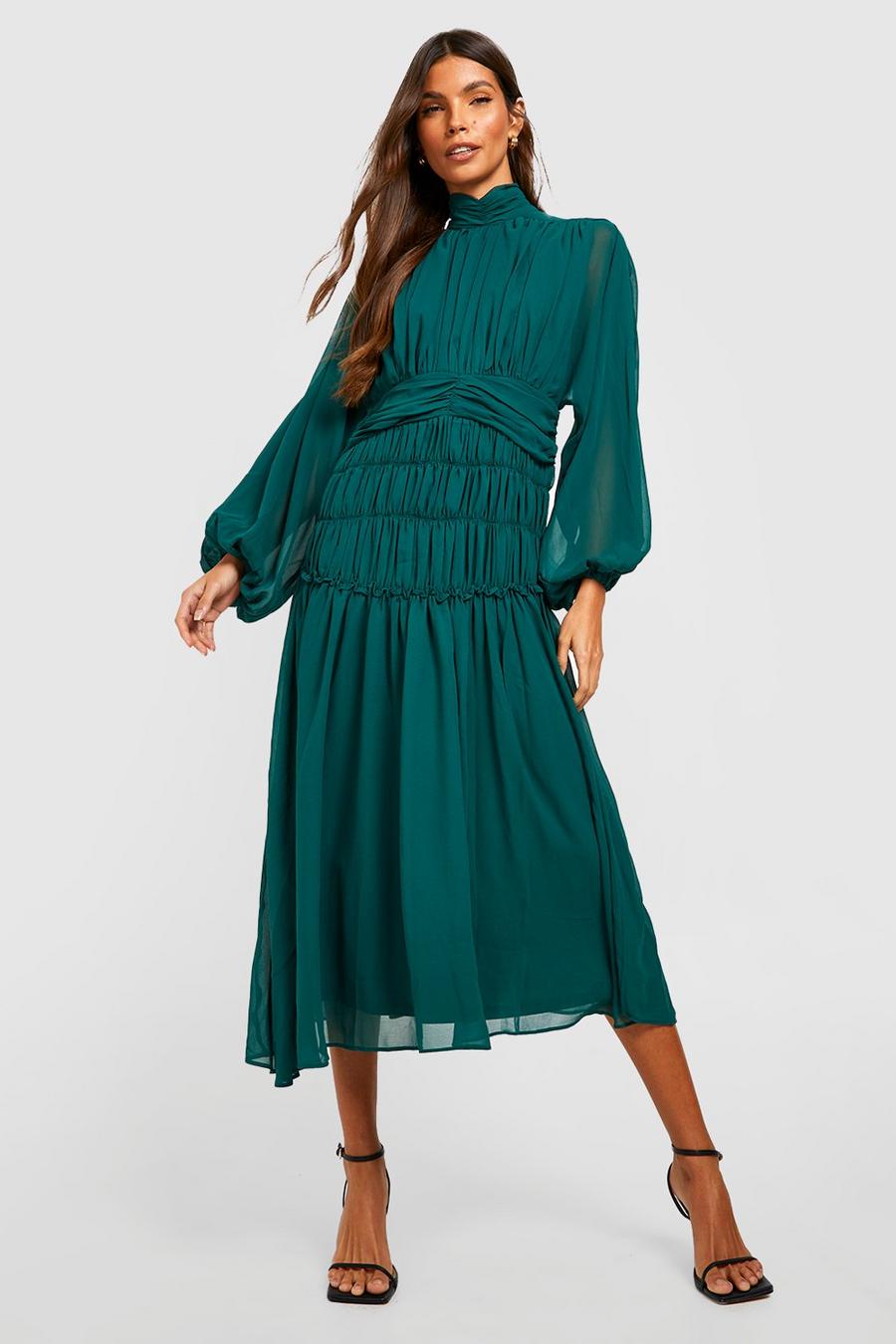 Emerald Flare Sleeve High Neck Ruffle Midi Dress image number 1