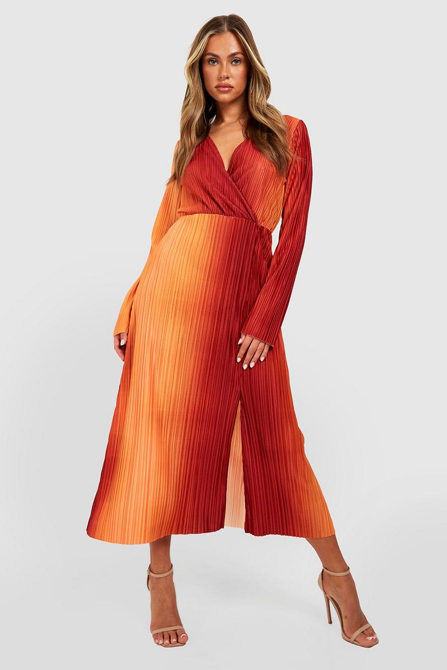 Orange Plisse Ombre Wrap Midaxi Dress image number 1