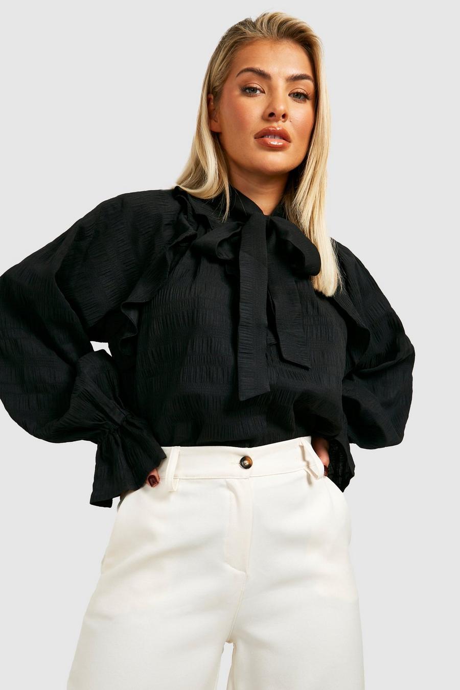 Black Textured Pussybow Ruffle Blouse image number 1