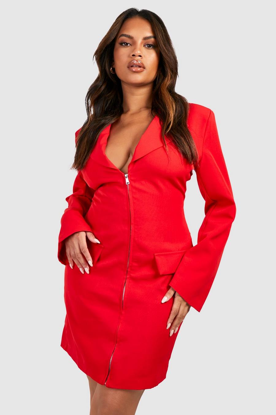 Red Plus Seam Front Plunge Blazer Dress image number 1