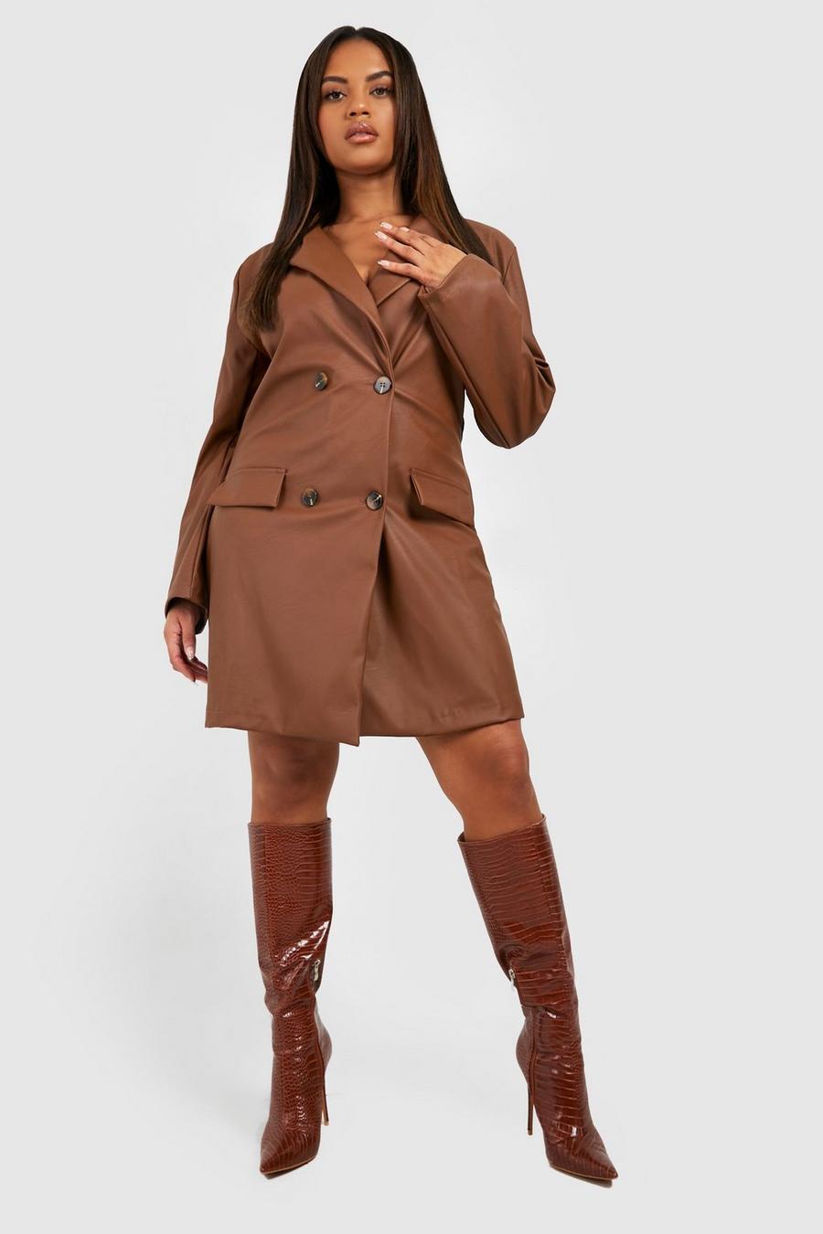 Chocolate brown Plus Pu Leather Look Wrap Blazer Dress