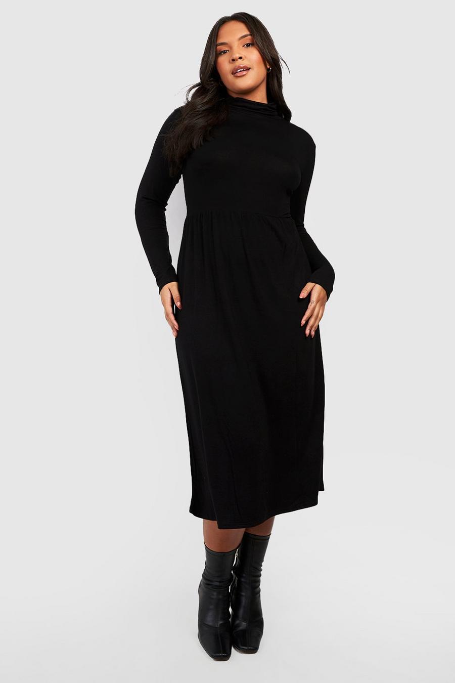 Black שמלת סמוק מידי בייסיק עם צווארון נגלל, מידות גדולות image number 1