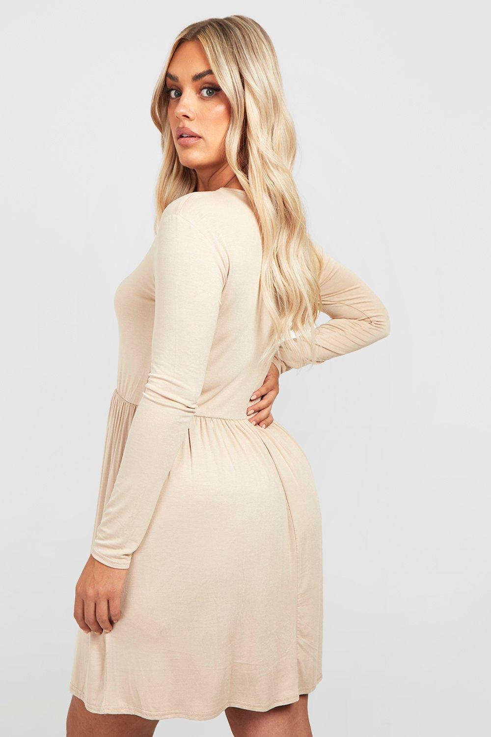 Plus Basic Long Sleeve Peplum Smock Dress boohoo