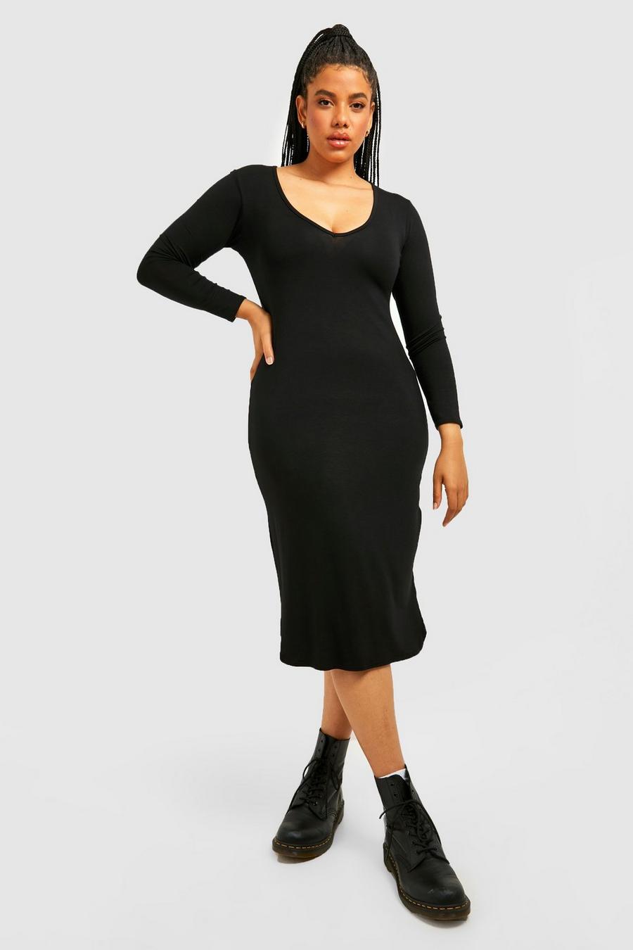 Black Plus V Neck Basic Midi Dress image number 1