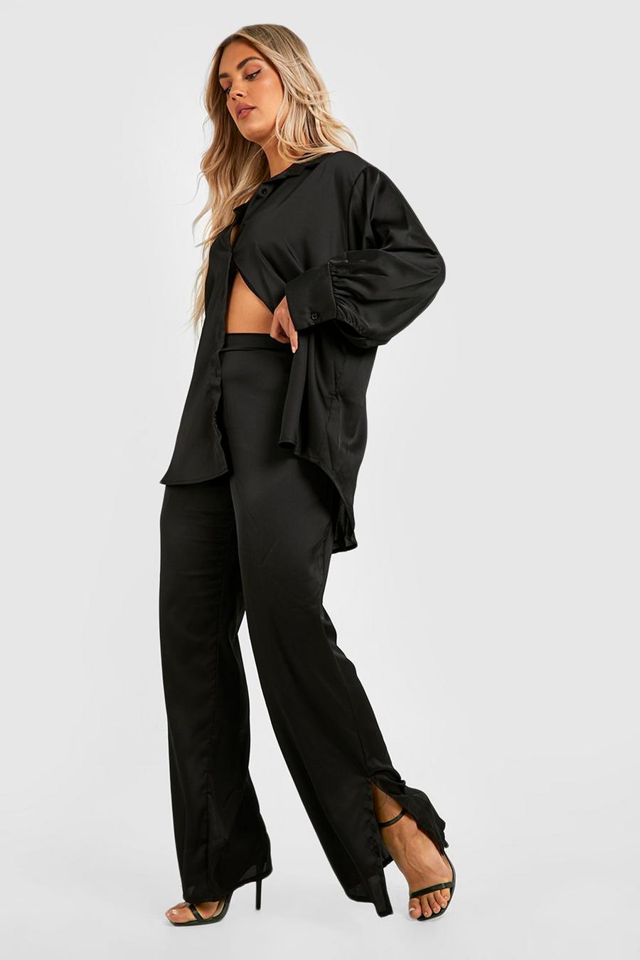 Camicia Plus Size in raso & pantaloni coordinati con spacco sul fondo, Black