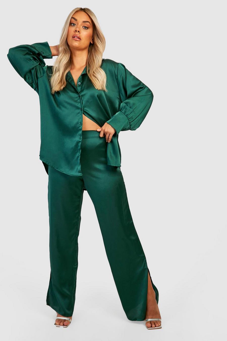 Emerald Plus Satin Shirt & Split Hem Pants Co-Ord image number 1