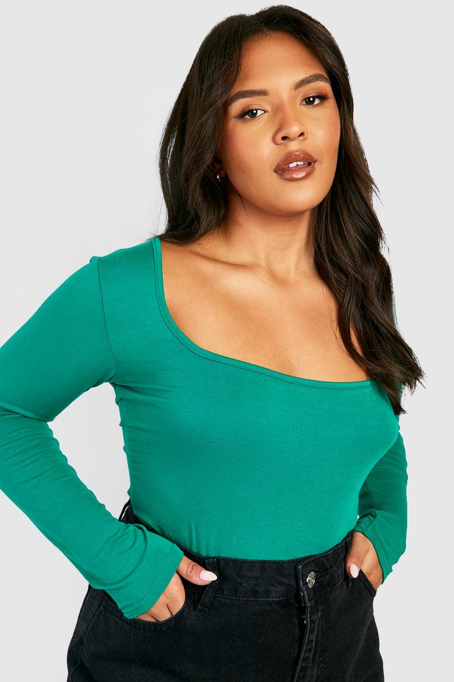 Green Plus Square Neck Basic Long Sleeve Top image number 1