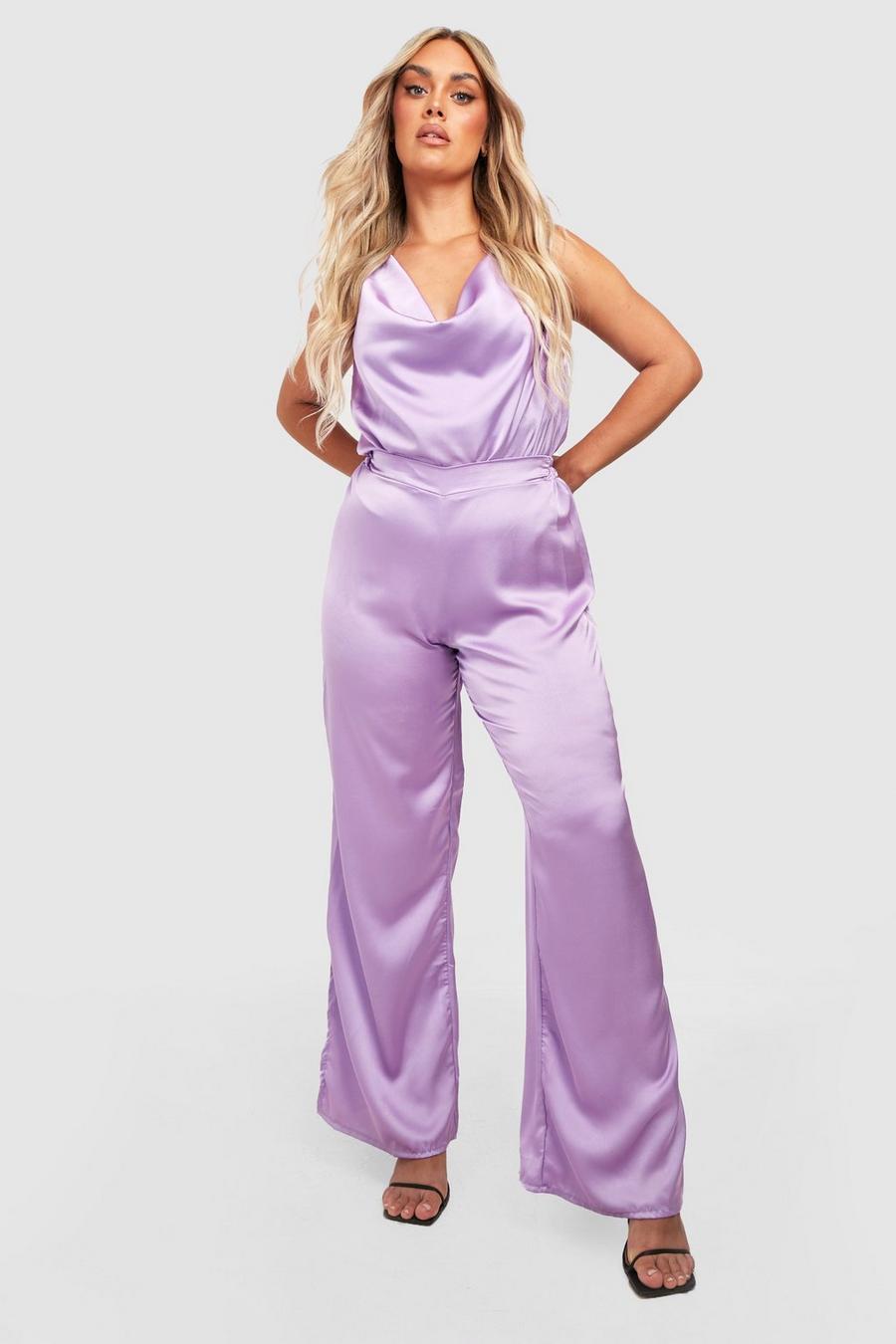 Lilac Plus Satin Cowl Bodysuit & Pants Co-Ord image number 1